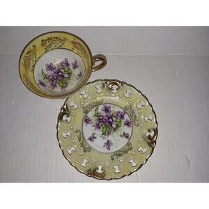 Vintage Royal Sealy China Footed Teacup with Saucer Yellow Purple Gold Trim